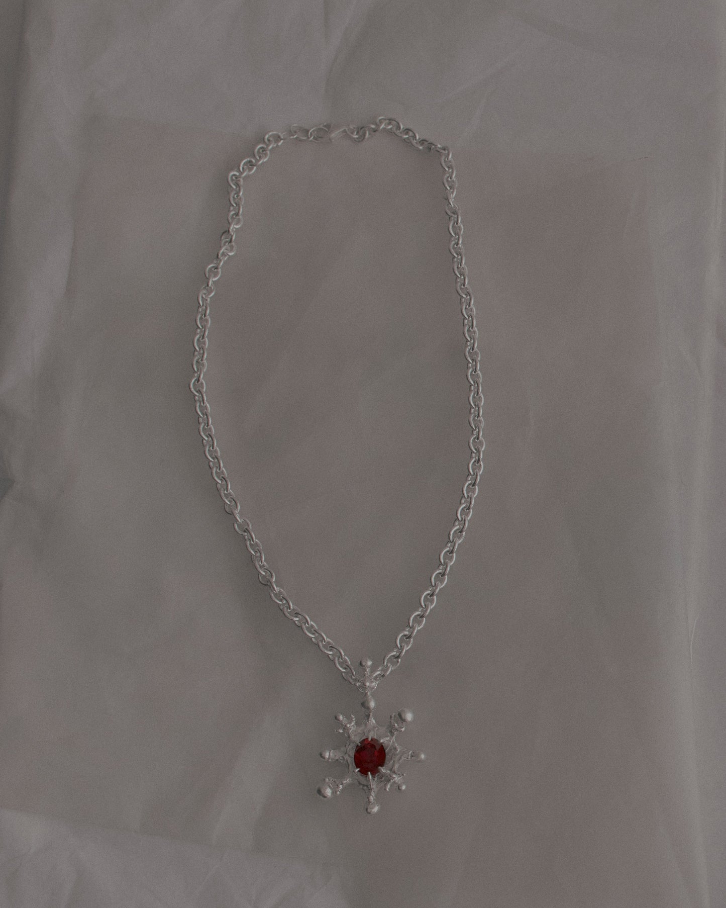 Necklace with a red gemstone pendant on a light gray background